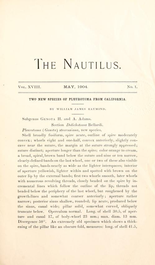 Media type: text; Clapp 1904 Description: The Nautilus, vol. XVIII, no.1;